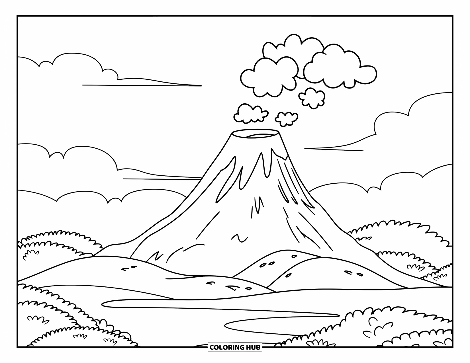 Volcano Coloring Page for Kids: A relaxed volcano releases gentle smoke puffs under a serene sky with fluffy clouds
