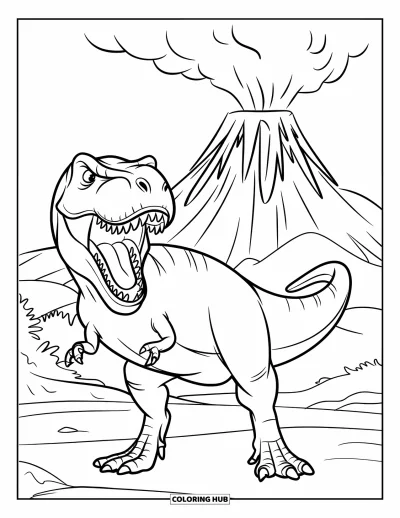 Coloriage de volcan pour enfants : Un T-Rex rugissant se tient au premier plan tandis qu’un volcan lointain entre en éruption derrière lui
