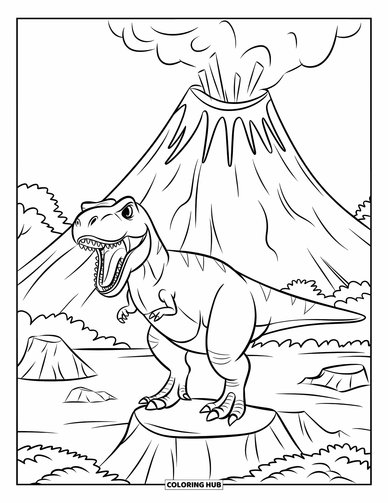Volcano Coloring Page for Kids: A roaring T-Rex stands on a rock as lava and smoke erupt from a powerful volcano