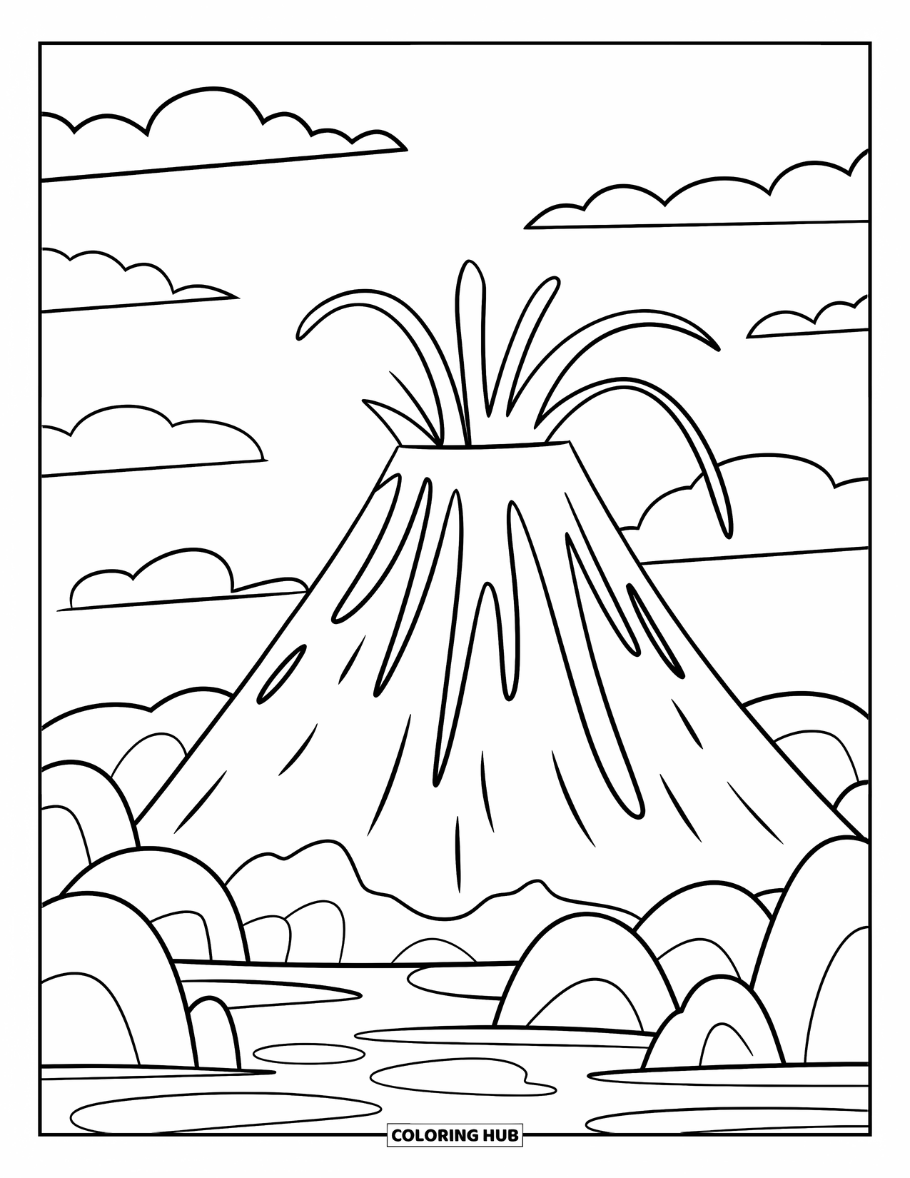 Volcano Coloring Page for Kids: A simple volcano erupts with bold lava streams, surrounded by rounded rocks and a clear sky