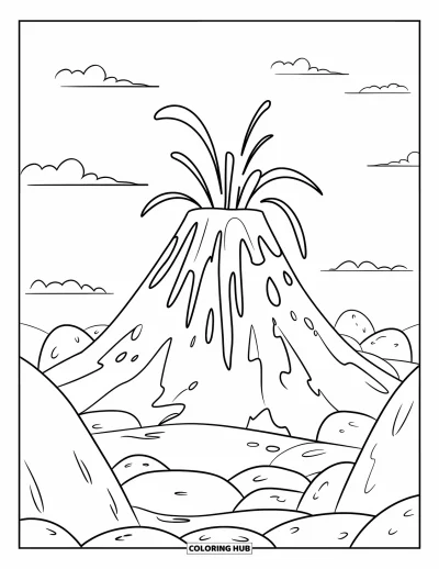 Coloriage de volcan pour enfants : Un volcan simple entre en éruption avec des coulées de lave audacieuses, entouré de roches arrondies et de ciels dégagés