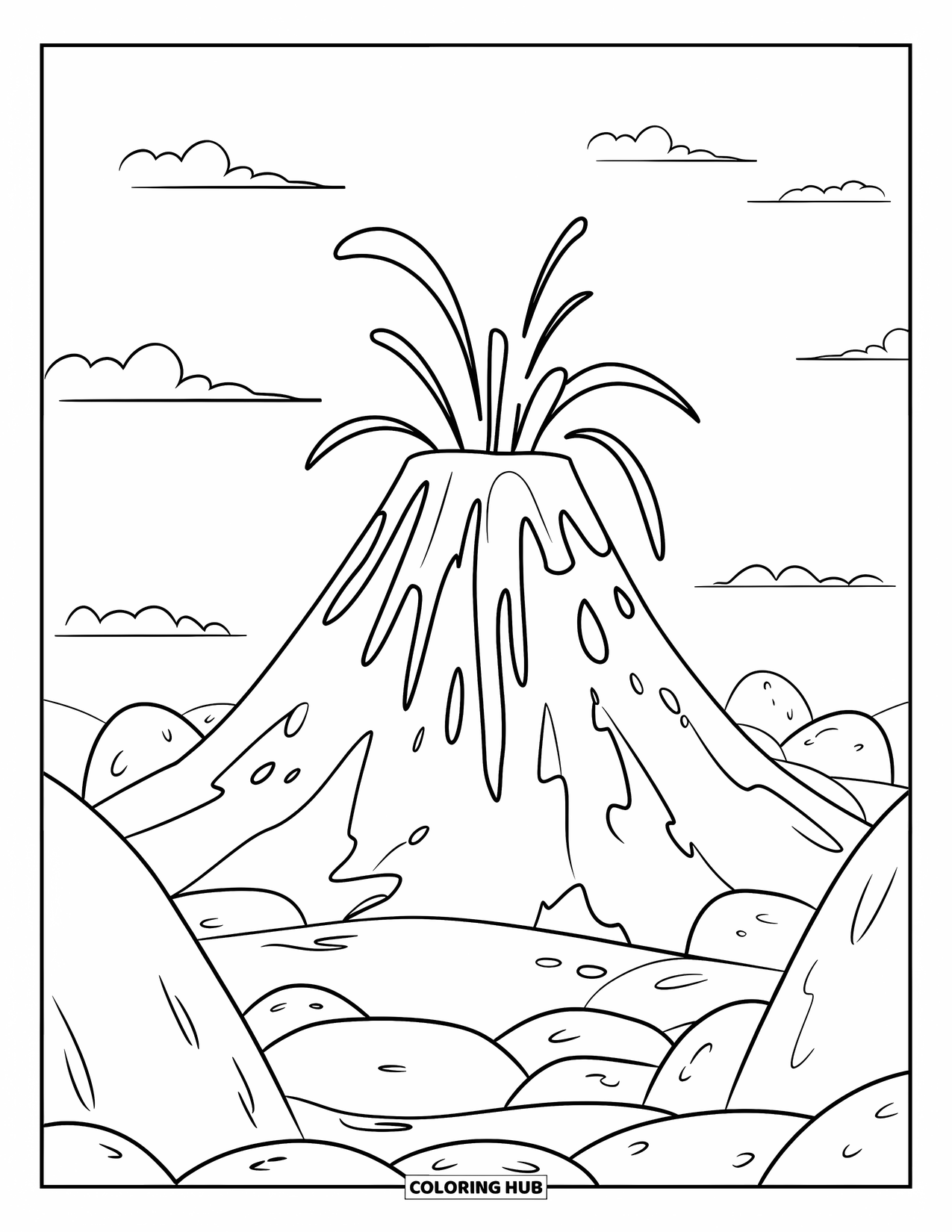 Volcano Coloring Page for Kids: A simple volcano erupts with bold lava streams, surrounded by rounded rocks and clear skies