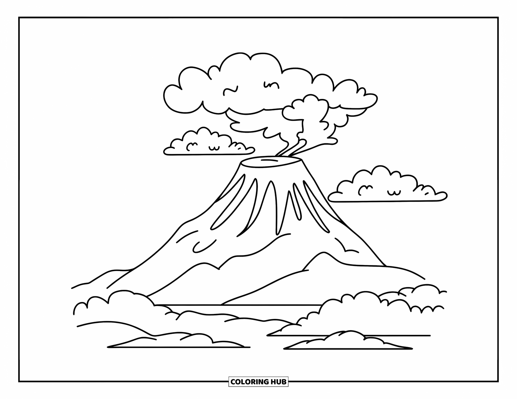 Volcano Coloring Page for Kids: A sleepy volcano puffs out soft smoke clouds while resting in a peaceful landscape