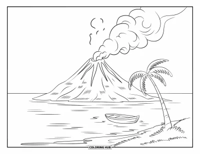 Coloriage de volcan pour enfants : Un petit volcan sur une île tropicale crache de la vapeur tandis qu’un bateau dérive dans la mer calme