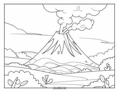 Coloriage de volcan pour enfants : Un petit volcan avec de douces bouffées de fumée repose paisiblement dans un paysage simple et ouvert