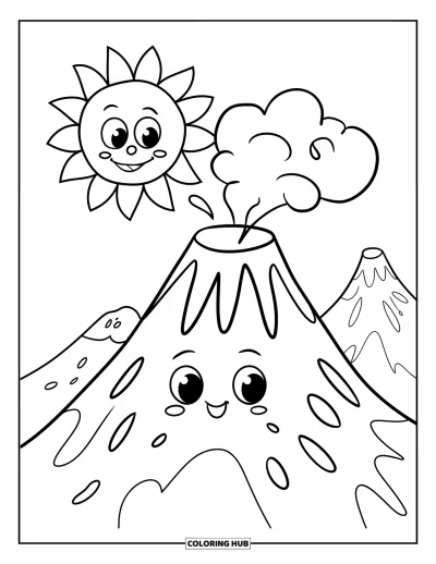 Coloriage de volcan pour enfants : Un volcan souriant libère une minuscule bouffée de fumée sous un grand soleil joyeux