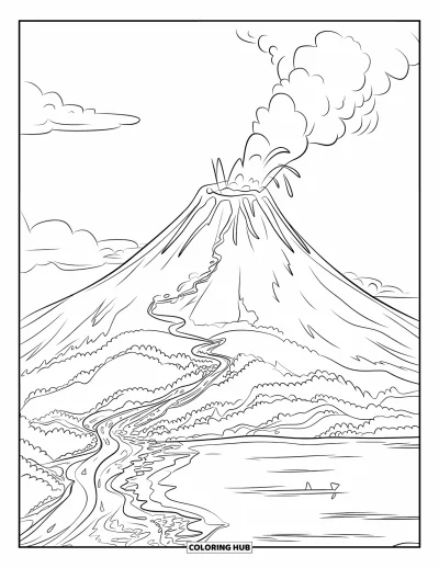 Coloriage de volcan pour enfants : Un volcan lisse et arrondi couvert de verdure entre en éruption, avec de la lave coulant sur ses pentes