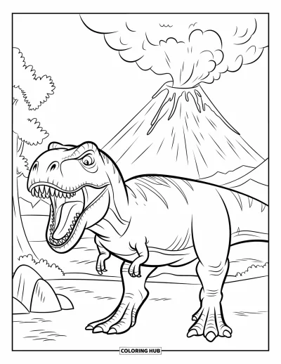 Coloriage de volcan pour enfants : Un T-Rex se tient devant un volcan enragé, de la lave se déversant tandis que de plus petits dinosaures errent à proximité
