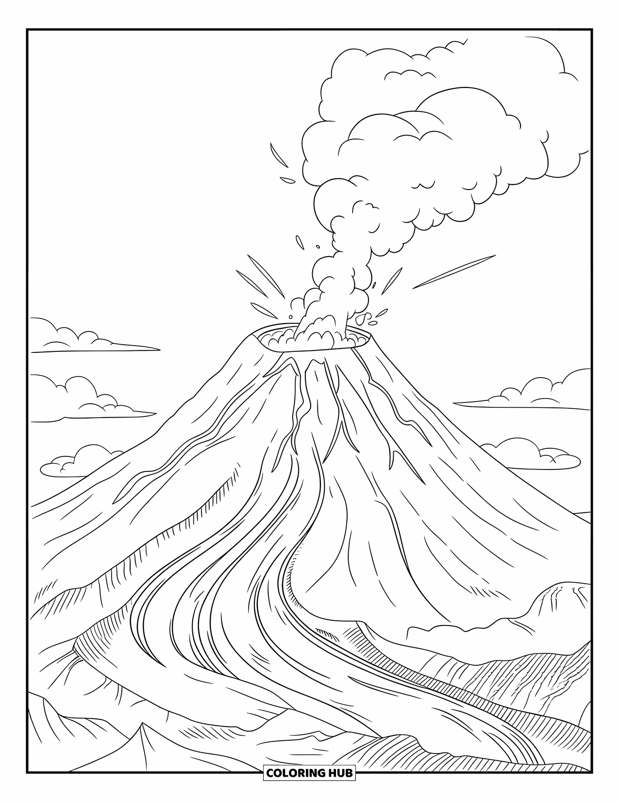 Volcano Coloring Page for Kids: A towering volcano erupts, sending lava shooting out and thick smoke rising into the sky