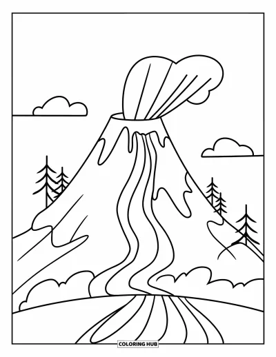 Coloriage de volcan pour enfants : Un volcan imposant avec de douces coulées de lave se dresse entre des nuages doux et des arbres dispersés