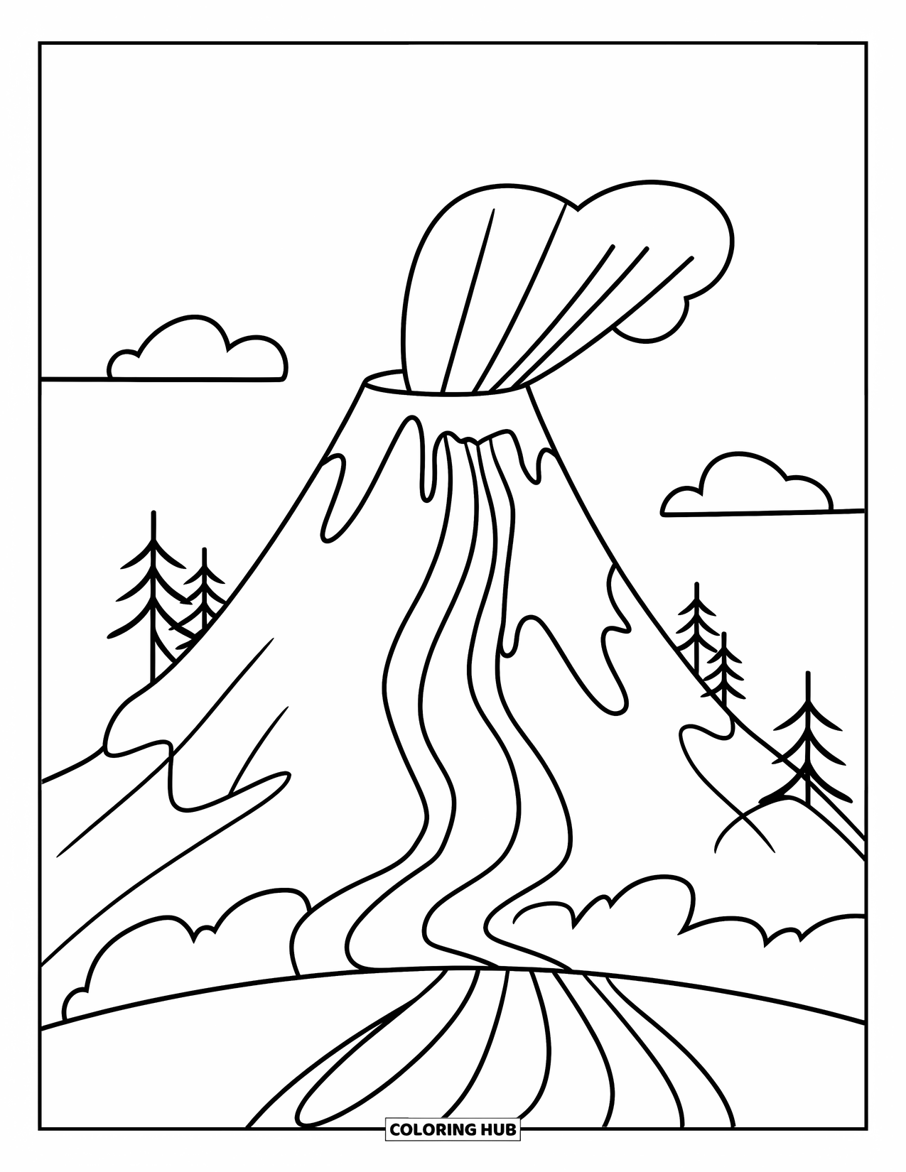 Volcano Coloring Page for Kids: A towering volcano with gentle lava flows stands between soft clouds and scattered trees
