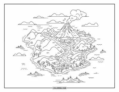Coloriage de volcan pour enfants : Une carte d’île tropicale affiche des montagnes, un volcan fumant et des huttes le long du littoral