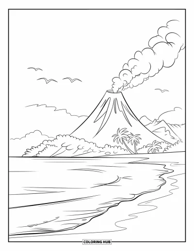 Coloriage de volcan pour enfants : Un volcan d’île tropicale fume doucement tandis que des oiseaux planent au-dessus des vagues de l’océan