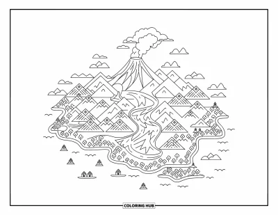 Coloriage de volcan pour enfants : Une carte d’île volcanique présente des montagnes, des rivières et un volcan fumant en son centre