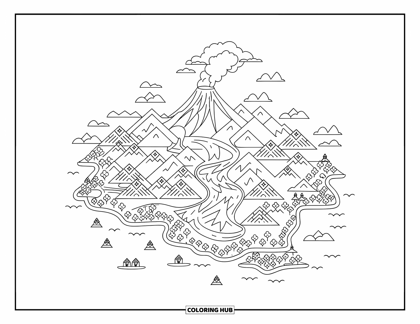 Volcano Coloring Page for Kids: A volcanic island map features mountains, rivers, and a smoking volcano at its center