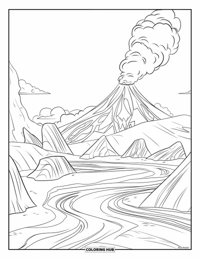 Coloriage de volcan pour enfants : Un paysage volcanique entre en éruption avec des coulées de lave, des roches déchiquetées et d’épais nuages de cendres dans le ciel