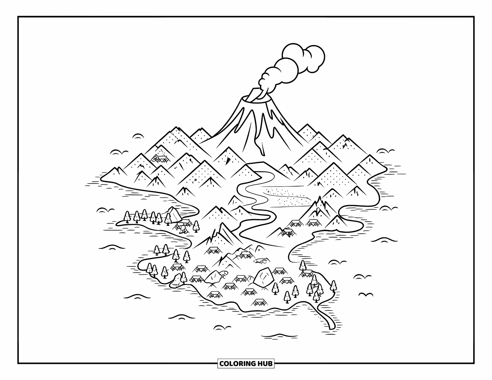 Volcano Coloring Page for Kids: A volcano smokes at the heart of an island surrounded by rivers, trees, and scattered huts