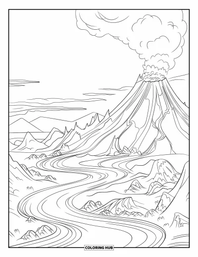 Coloriage de volcan pour enfants : Des rivières de lave descendent les pentes rocheuses d'un volcan tandis qu'une épaisse cendre envahit le ciel