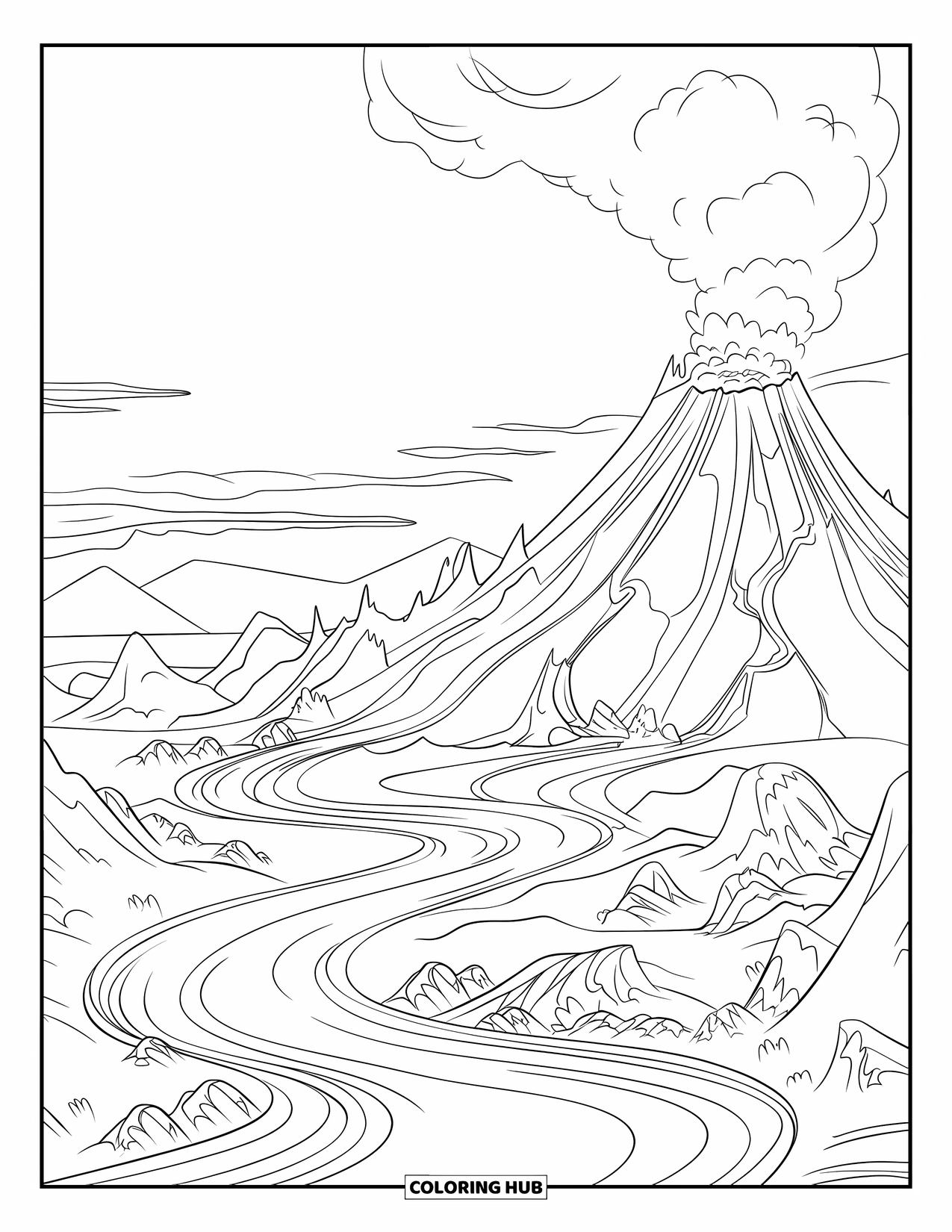 Volcano Coloring Page for Kids: Rivers of lava flow down a volcano's rocky slopes as thick ash fills the sky