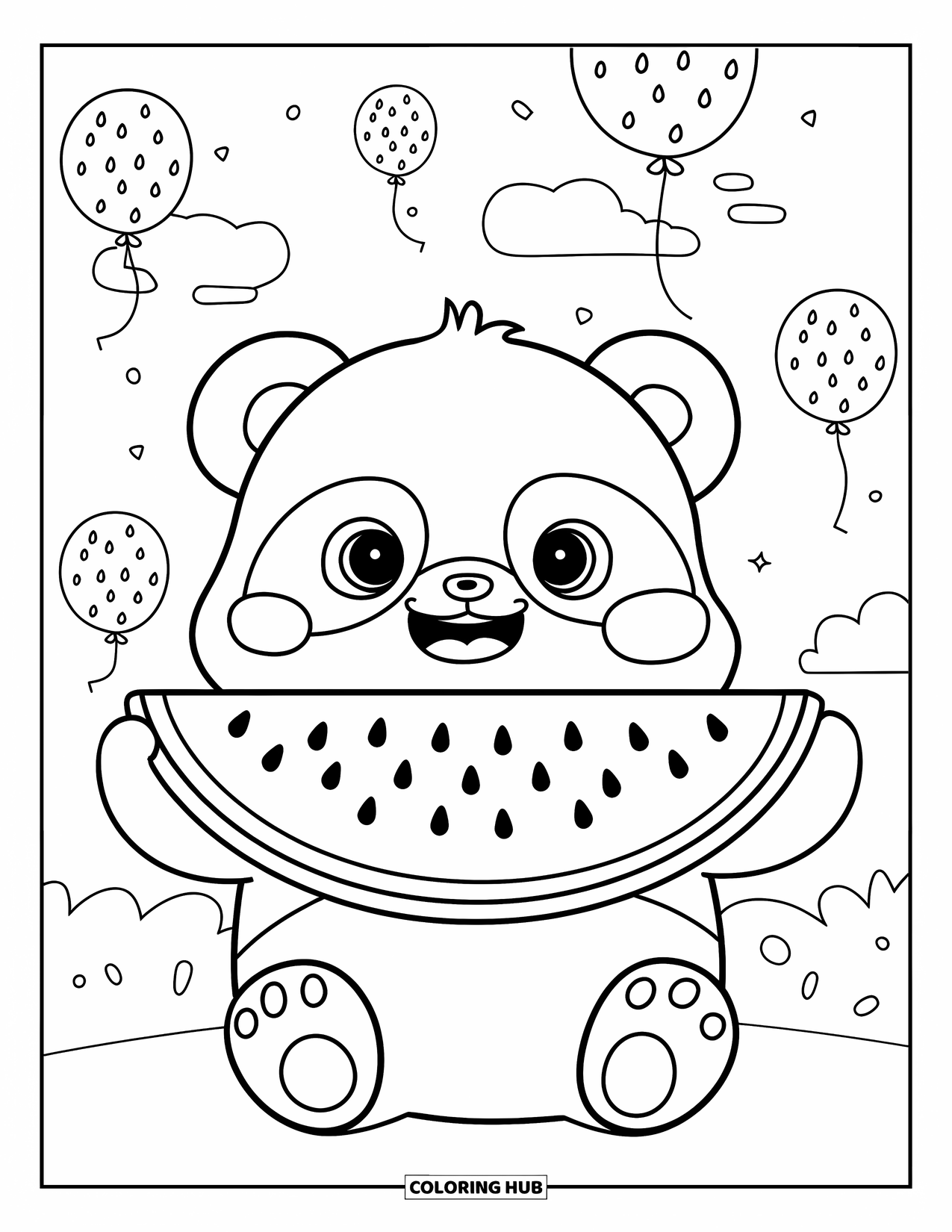 Watermelon Coloring Page for Adults: A baby panda holds a watermelon slice twice its size, with cheeks puffed out from a big bite
