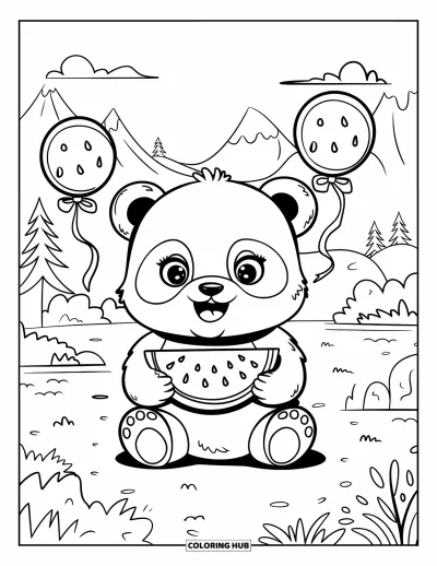 Coloriage Pastèque pour adultes : Un bébé panda est assis avec une tranche de pastèque, entouré de pastèques en forme de ballon et d'une vue panoramique