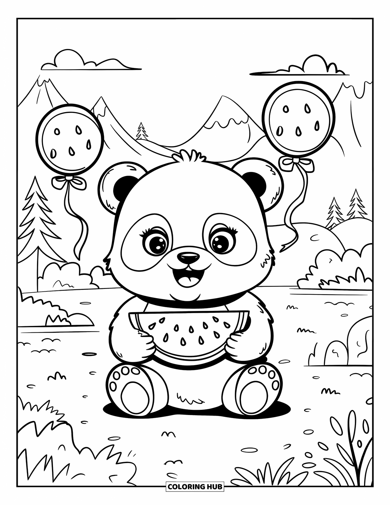 Watermelon Coloring Page for Adults: A baby panda sits with a watermelon slice, surrounded by balloon-shaped watermelons and a scenic view