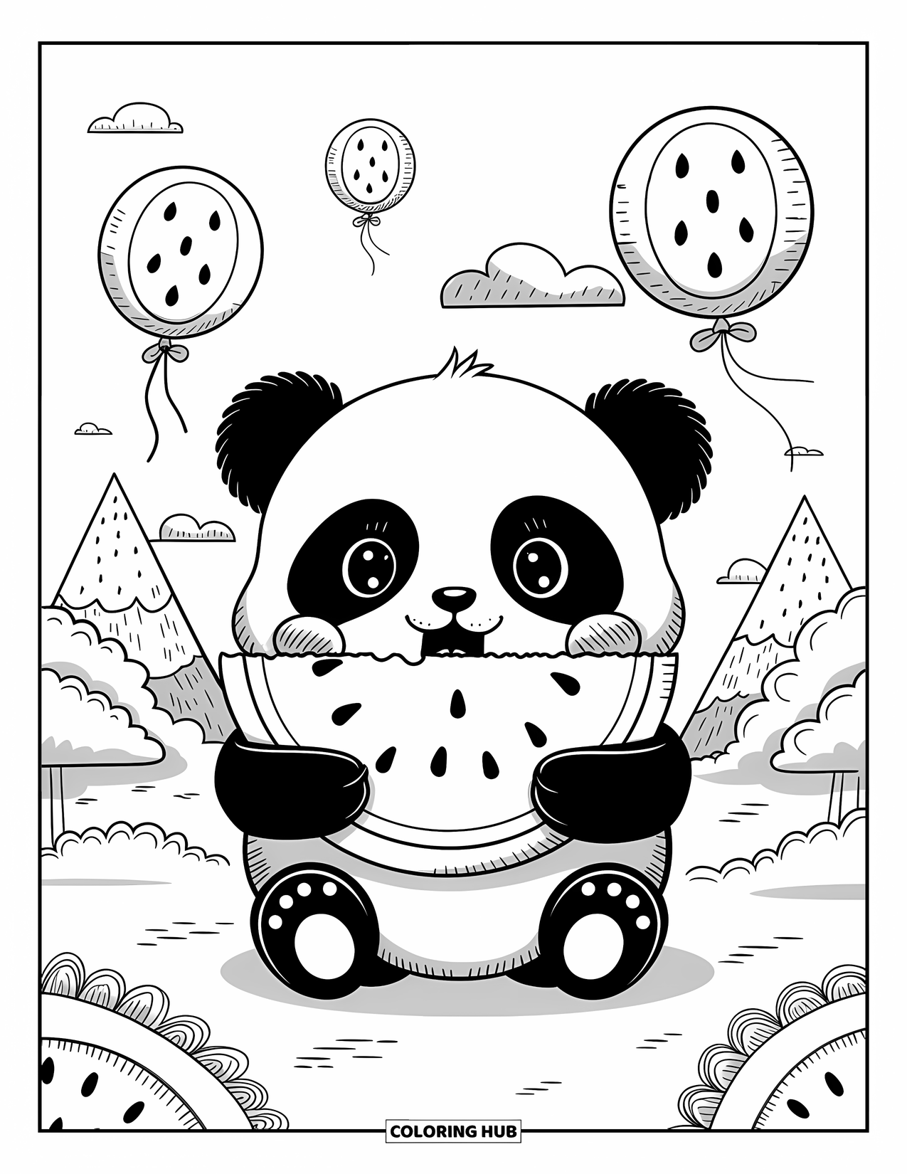 Watermelon Coloring Page for Adults: A baby panda with puffed cheeks enjoys a giant watermelon slice, surrounded by floating balloons
