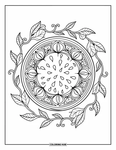 Coloriage Pastèque pour adultes : Un mandala de pastèque magnifiquement à motifs, avec des détails géométriques et des éléments floraux artistiques
