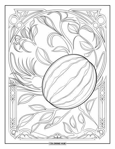Coloriage Pastèque pour adultes : Une illustration botanique de pastèque avec des vrilles complexes et des motifs décoratifs Art Nouveau