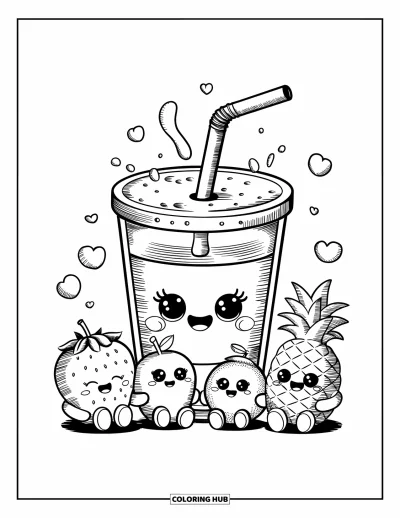 Coloriage Pastèque pour adultes : Une tasse de jus de pastèque pétillante se sirote elle-même à travers une paille, entourée d'amis fruits riant