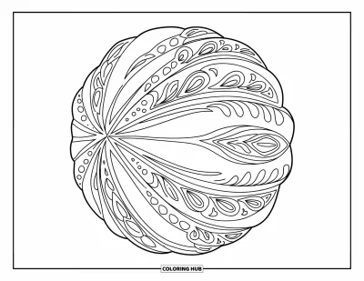 Coloriage Pastèque pour adultes : Une pastèque décorative remplie de motifs cachemire tourbillonnants et de détails ornementaux complexes