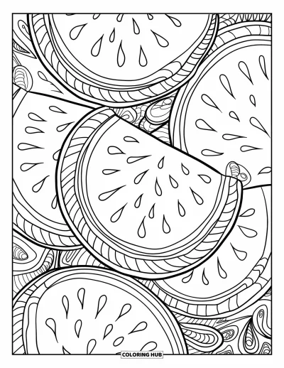 Coloriage Pastèque pour adultes : Un motif de pastèque zentangle décoratif avec des vignes entrelacées et des motifs complexes