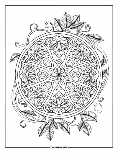 Coloriage Pastèque pour adultes : Une pastèque détaillée d'inspiration mandala avec des vrilles de vigne tourbillonnantes et des motifs ornementaux