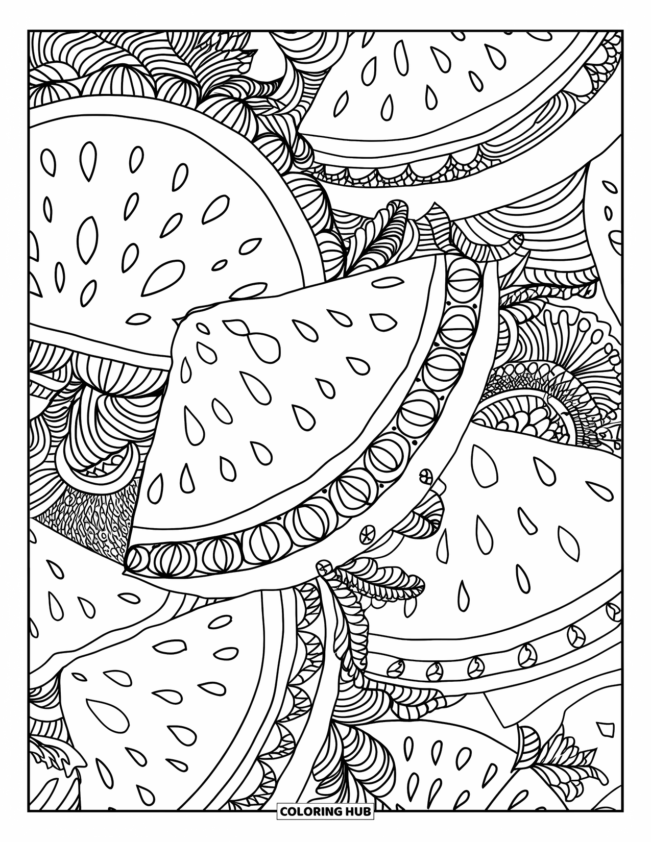 Watermelon Coloring Page for Adults: A detailed watermelon pattern filled with swirls, vines, and artistic linework