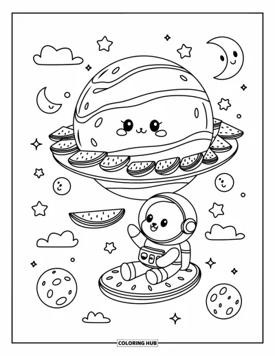 Coloriage Pastèque pour adultes : Une scène spatiale de rêve avec une planète pastèque kawaii, des tranches flottantes et un ours astronaute