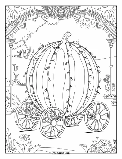 Coloriage Pastèque pour adultes : Une calèche pastèque de style fantastique avec des roues ornées, située dans un jardin enchanté