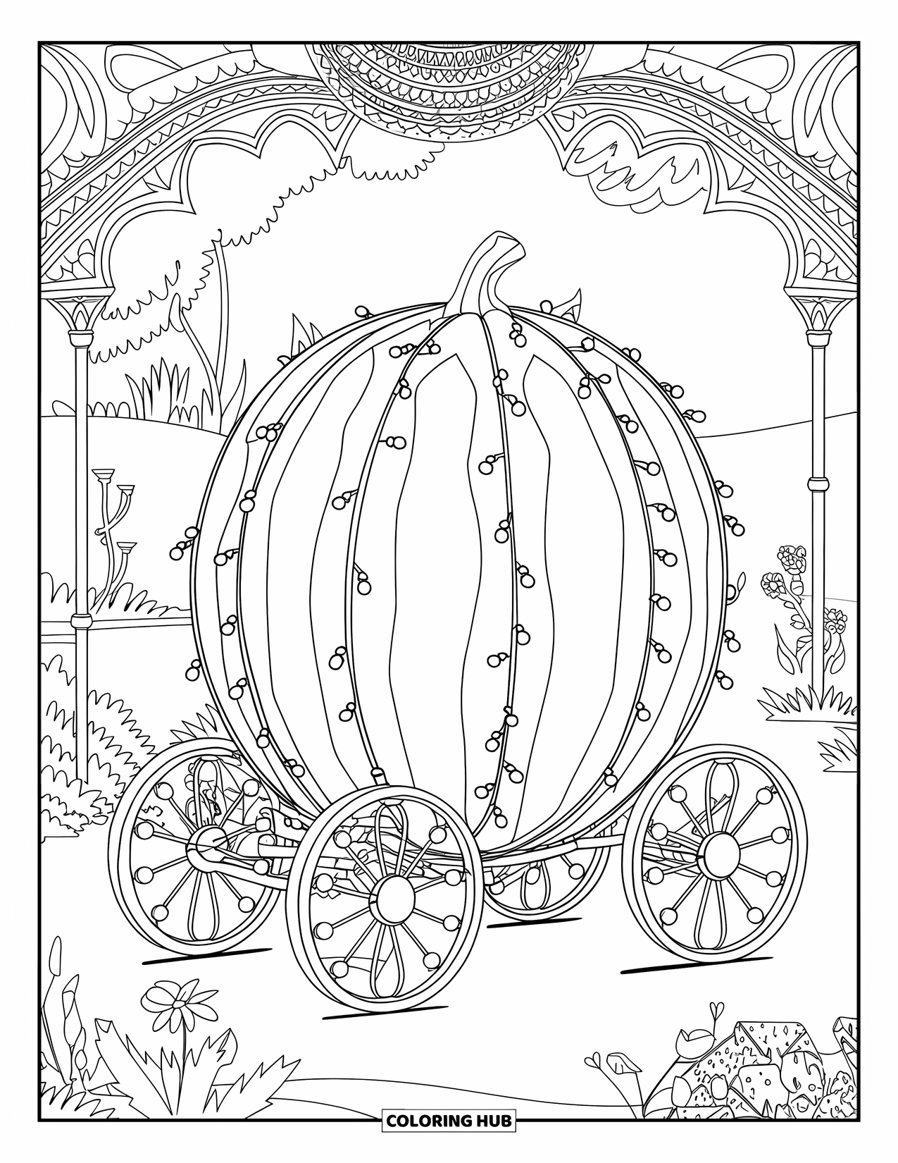 Watermelon Coloring Page for Adults: A fantasy-style watermelon carriage with ornate wheels, set in an enchanted garden