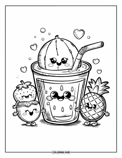 Coloriage Pastèque pour adultes : Une tasse de jus de pastèque joyeuse sirote à travers une paille, avec des amis fruits chibi riant à proximité