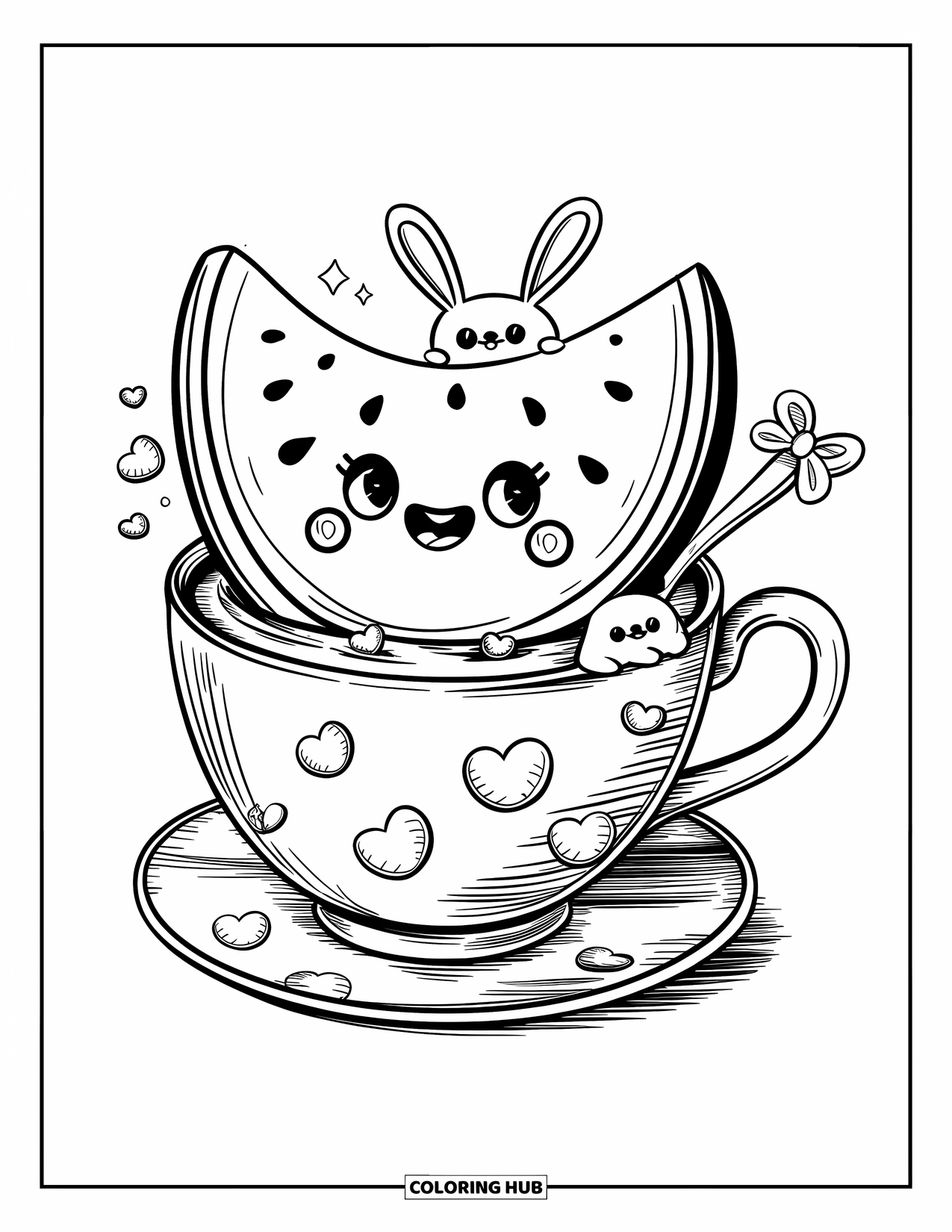 Watermelon Coloring Page for Adults: A happy watermelon slice in a teacup of juice, with floating heart-shaped watermelon pieces
