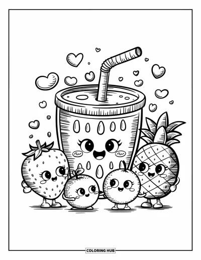Coloriage Pastèque pour adultes : Une tasse de jus de pastèque kawaii sirote du jus, entourée d'amis fruits souriants et de cœurs flottants