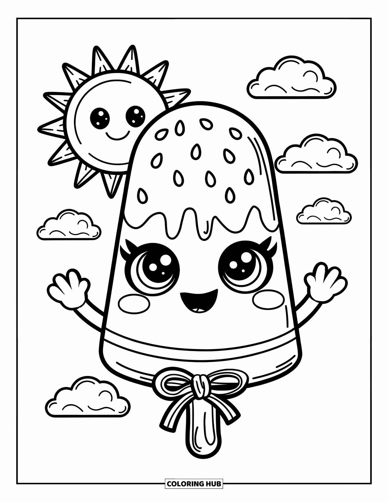 Watermelon Coloring Page for Adults: A kawaii watermelon popsicle with big eyes and tiny hands, standing under a smiling sun