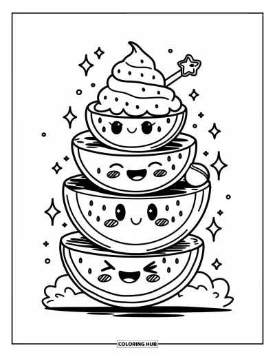 Coloriage Pastèque pour adultes : Une pile de pastèques kawaii avec des expressions ludiques, entourée d'étincelles et de nuages moelleux