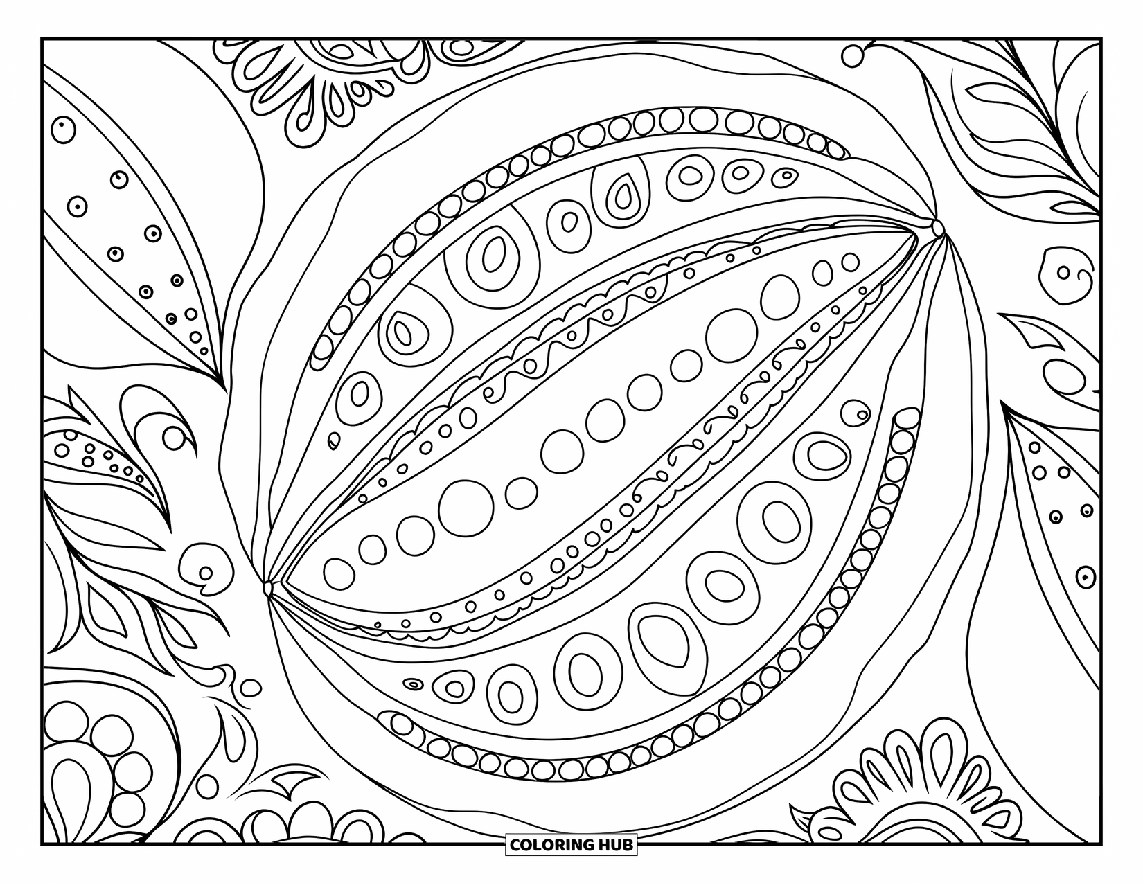 Watermelon Coloring Page for Adults: A paisley-patterned watermelon with mesmerizing swirls, dots, and fine decorative elements