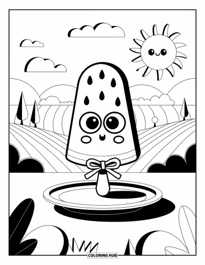 Coloriage Pastèque pour adultes : Une sucette glacée à la pastèque souriante est assise sur une assiette, avec un soleil brillant et des nuages doux au-dessus