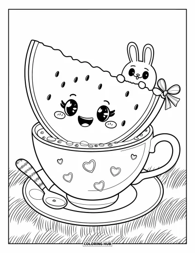 Coloriage Pastèque pour adultes : Une tranche de pastèque souriante dans une tasse à thé, entourée de minuscules morceaux de pastèque en forme de cœur et d'une cuillère mignonne