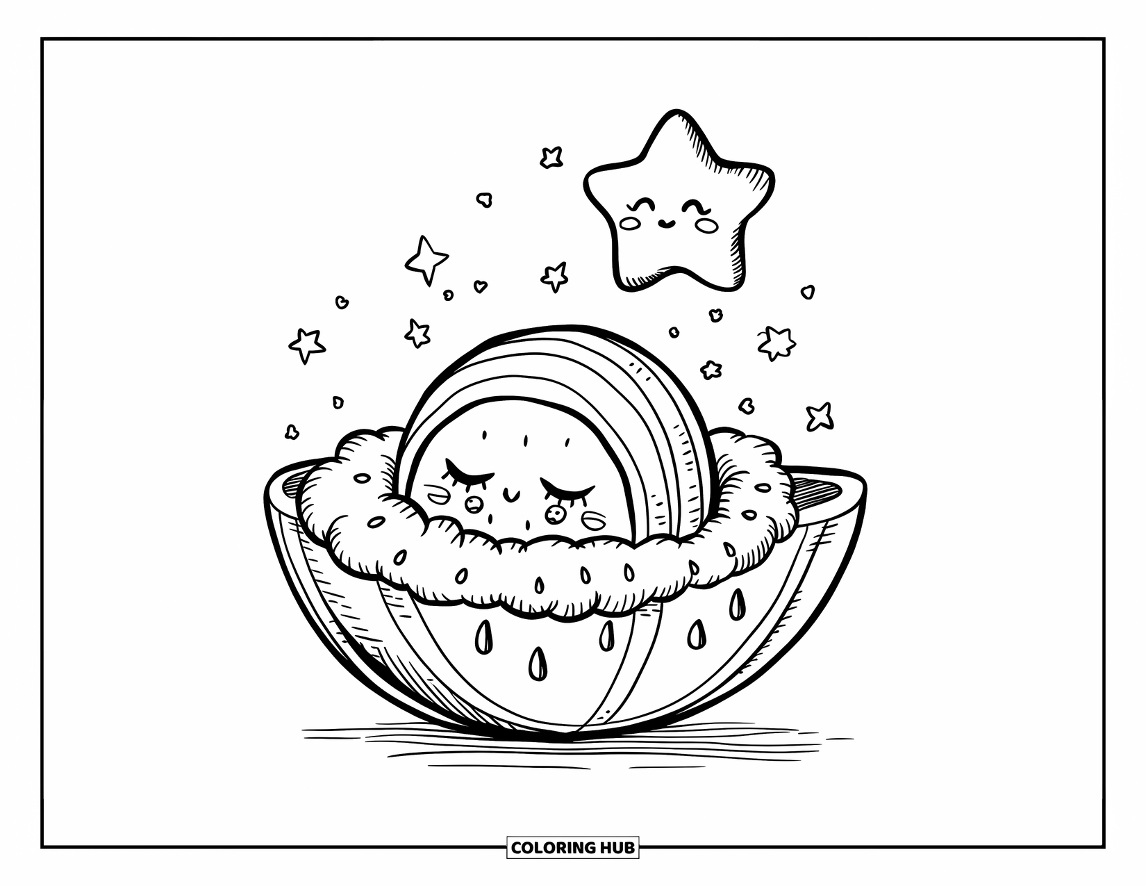 Watermelon Coloring Page for Adults: A tiny watermelon character sleeps in a rind bed, with a baby star floating above