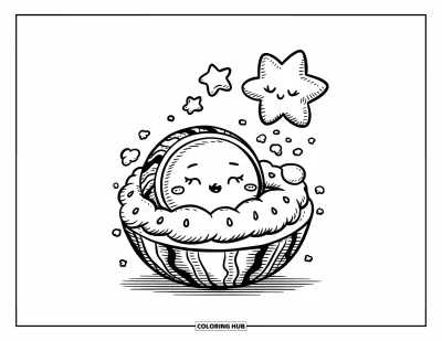 Coloriage Pastèque pour adultes : Un personnage de pastèque fait la sieste à l'intérieur d'une écorce, enveloppé dans de la crème fouettée, sous une étoile flottante