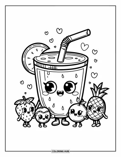 Coloriage Pastèque pour adultes : Une tasse de jus de pastèque avec un visage mignon se sirote elle-même, avec de minuscules amis fruits se tenant la main