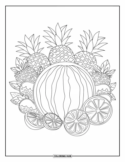 Coloriage Pastèque pour adultes : Une pastèque entourée d'ananas, de fraises et de tranches d'agrumes, chacune avec des motifs complexes