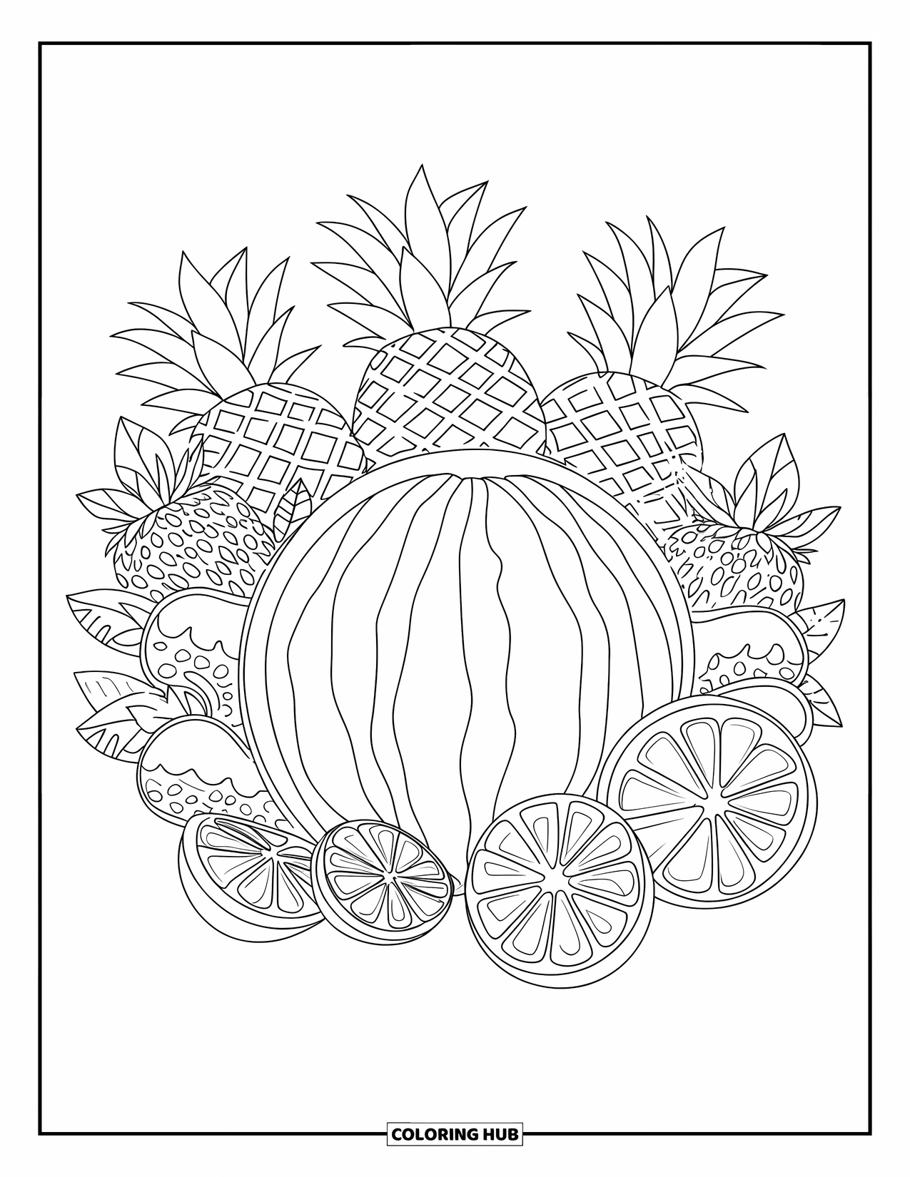 Watermelon Coloring Page for Adults: A watermelon surrounded by pineapples, strawberries, and citrus slices, each with intricate patterns